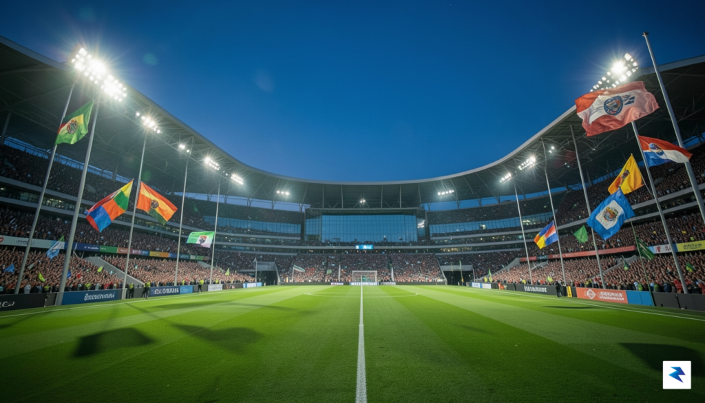 A wide-angle shot of a massive, modern soccer stadium at…