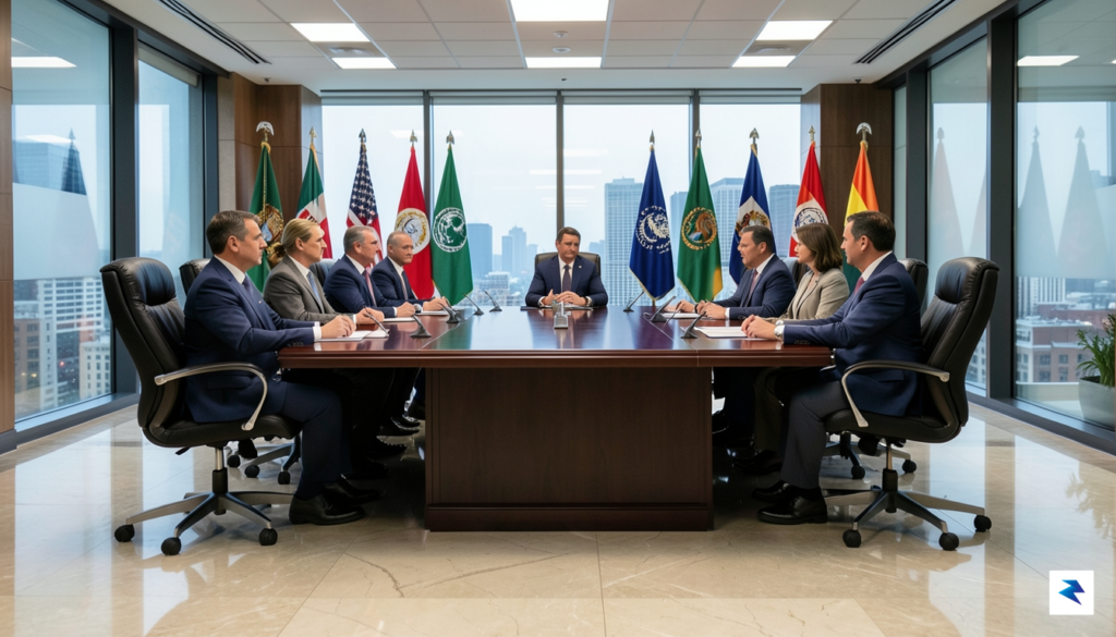 A wide-angle shot of FIFA officials in suits meeting with…