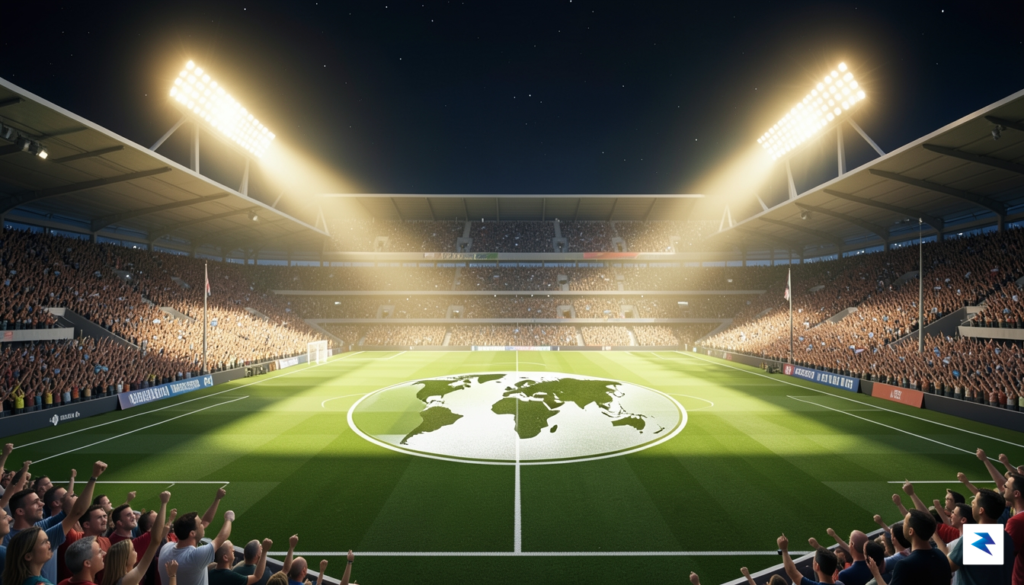 A wide-angle digital illustration showing a brightly lit professional soccer…