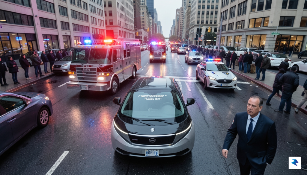 An overhead shot of a chaotic intersection where a self-driving…