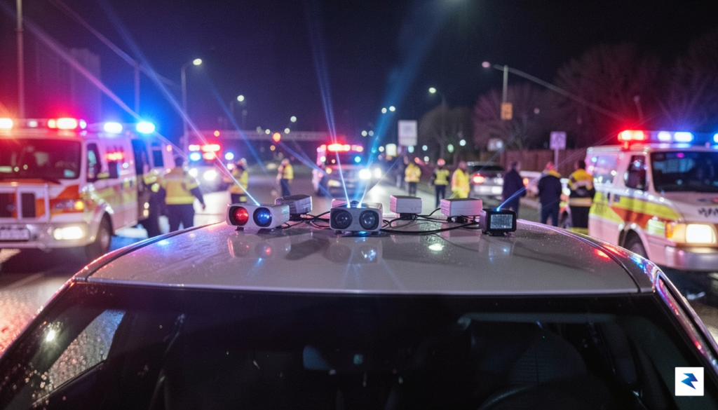 A close-up view of a self-driving car's sensor array struggling…