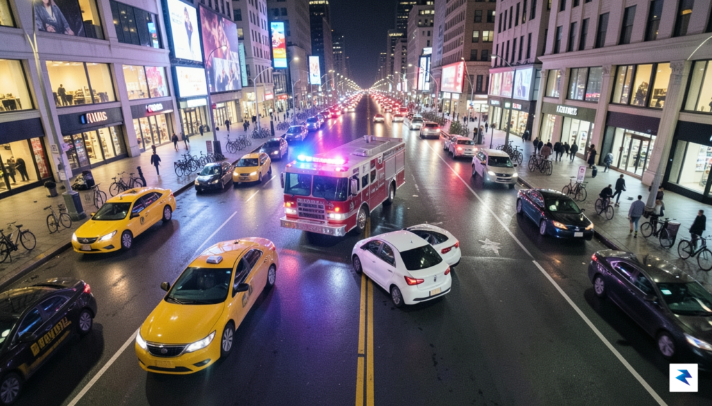 An overhead shot of a busy city street at night,…