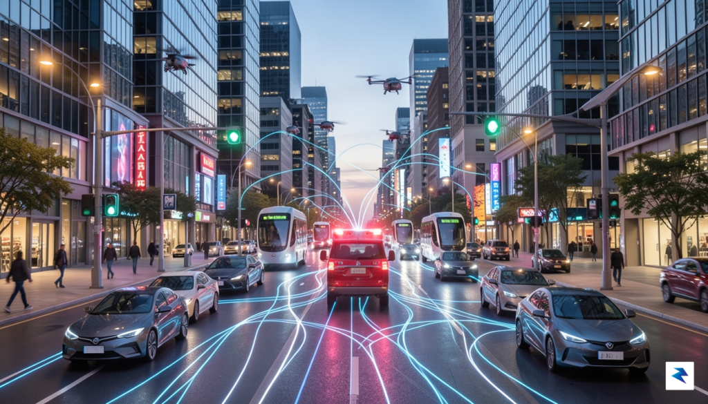 A digital visualization of a city street showing data streams…