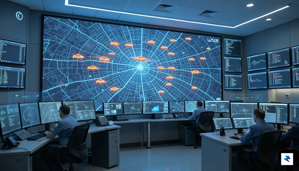 A modern, high-tech police command center displaying a digital map…