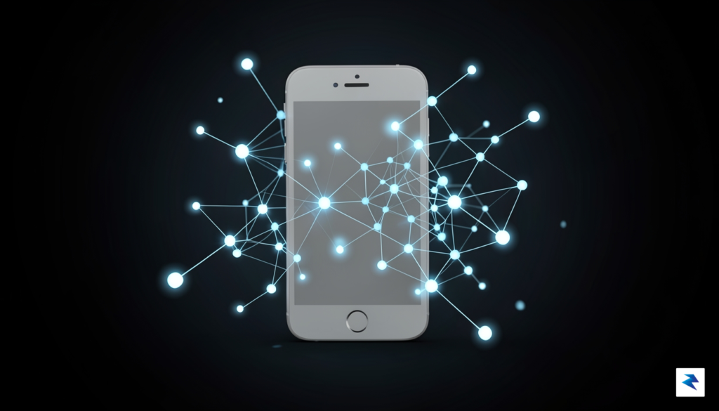 A digital visualization of a smartphone silhouette surrounded by glowing,&hellip;