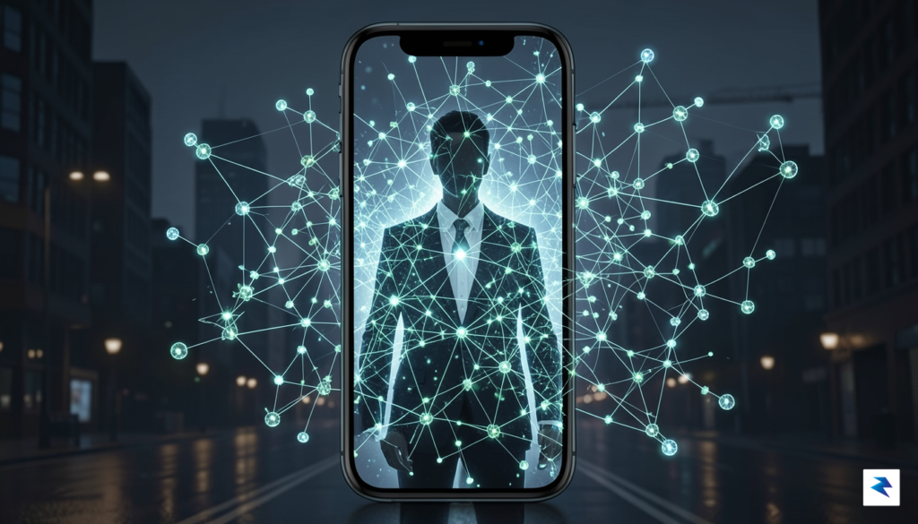 A conceptual digital art piece showing a smartphone screen projecting&hellip;