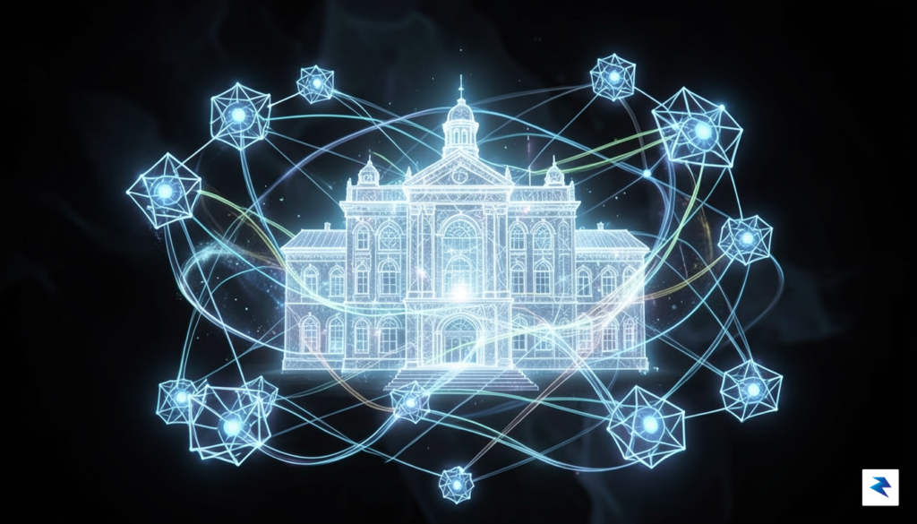 A conceptual digital art piece showing a transparent, glowing parliamentary&hellip;
