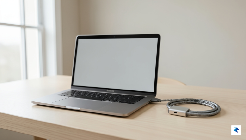 A clean, minimalist desk setup featuring a MacBook Pro connected&hellip;