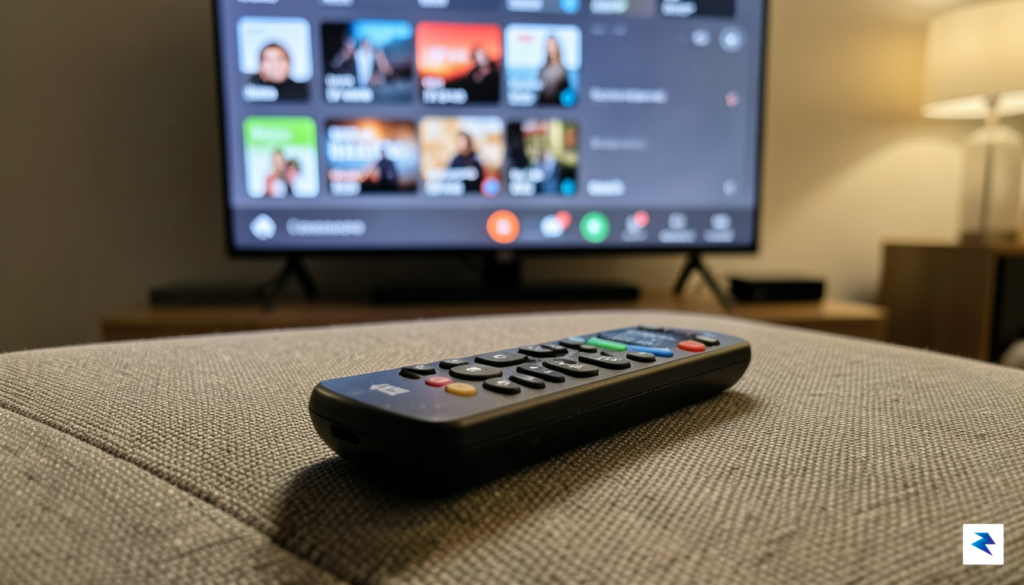 A close-up, high-definition photograph of a digital television remote resting&hellip;