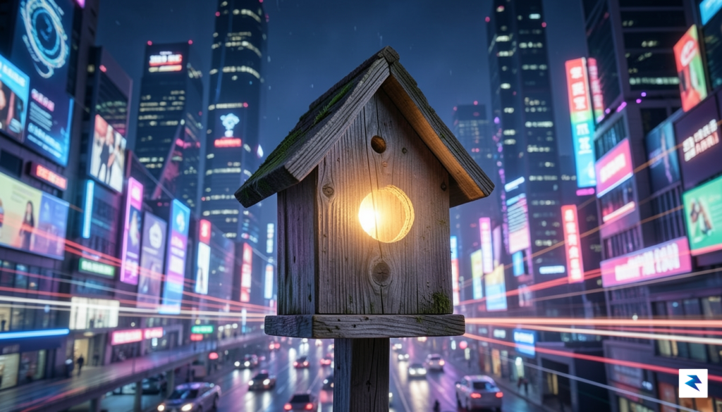 A conceptual illustration showing a small, cozy wooden birdhouse in&hellip;