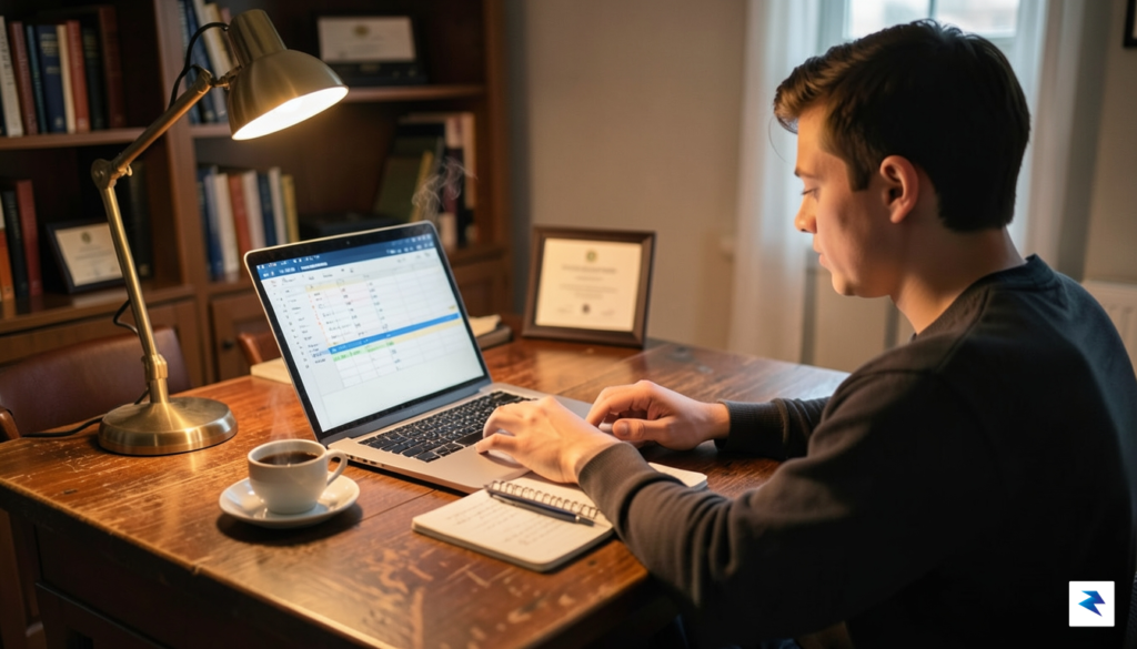 A young adult sitting at a desk with a laptop…