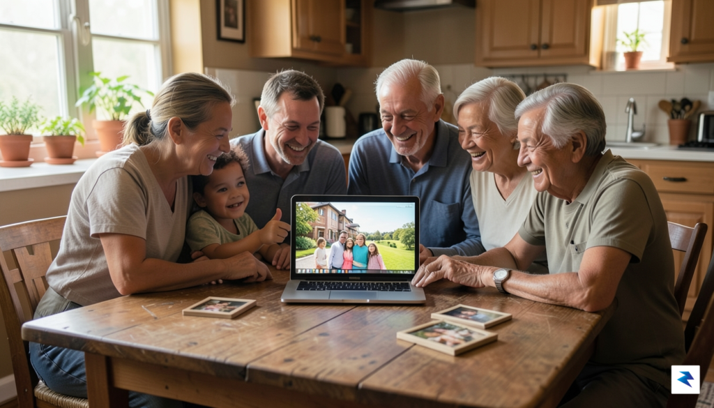 A warm, authentic photo of a multi-generational family sitting around…