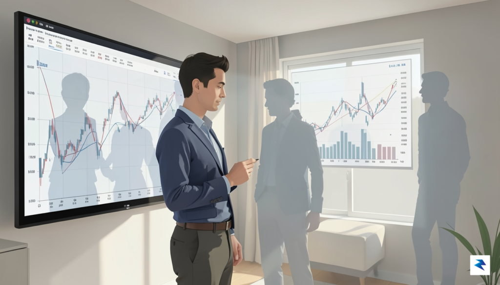 A modern, minimalist digital illustration showing a young professional looking…