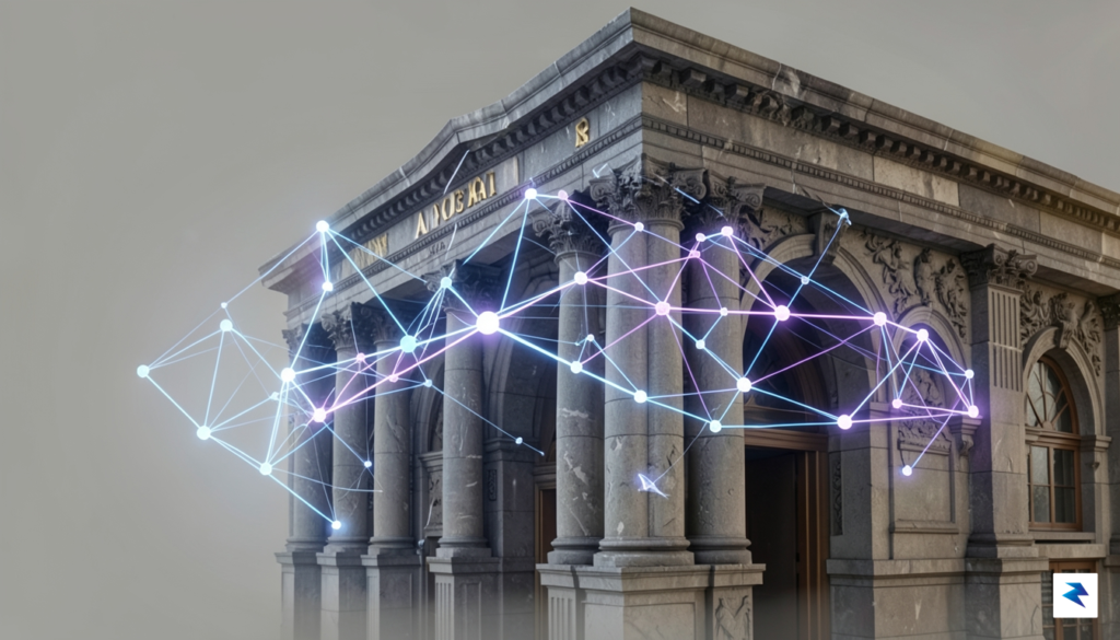 A conceptual digital illustration showing a glowing, modern blockchain network…