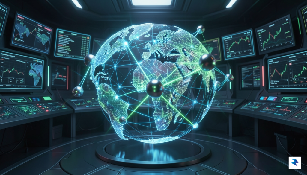 A sleek, futuristic digital visualization of a global financial network…