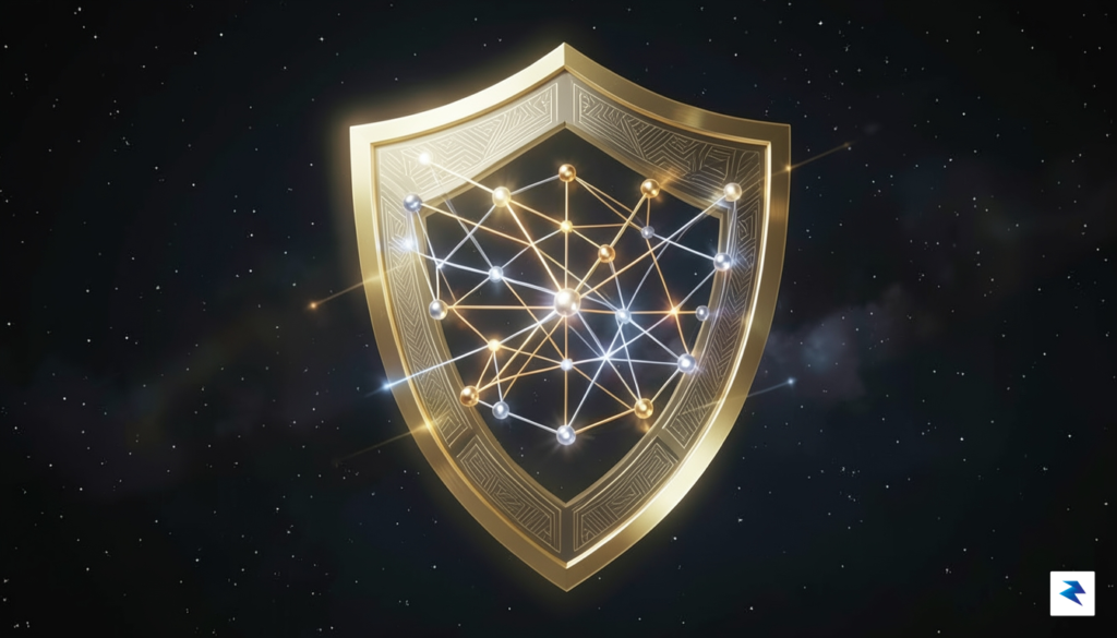 A sophisticated digital visualization showing a glowing, interconnected network of…