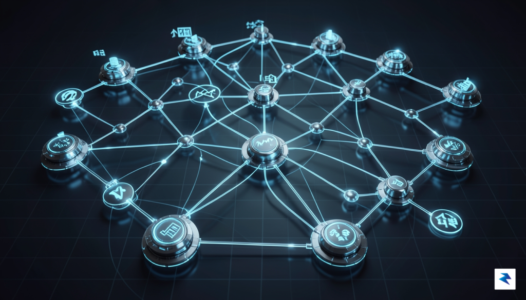 A sleek, high-tech digital representation of a financial ledger network…