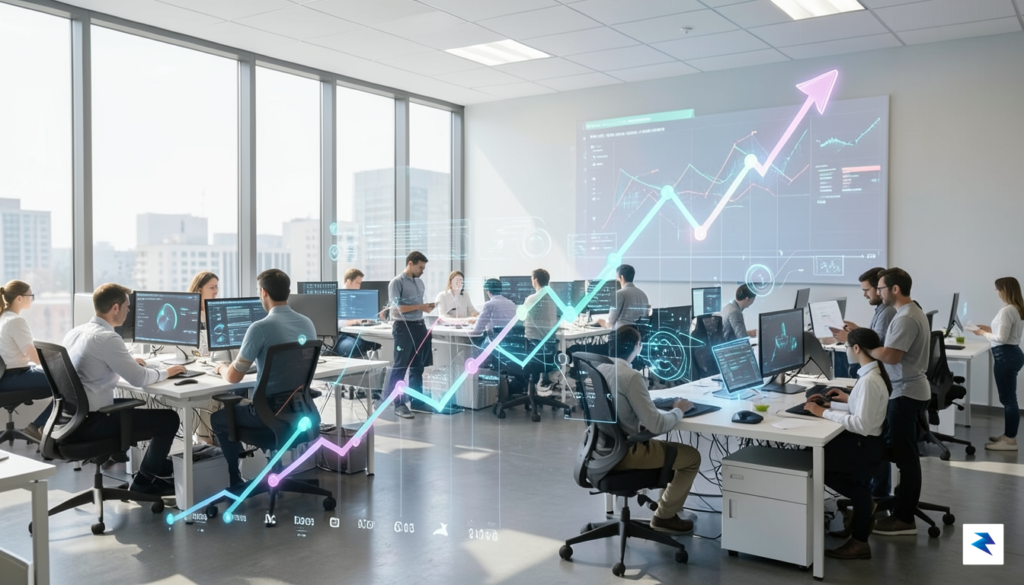 A digital visualization showing a rising growth chart overlaying a…