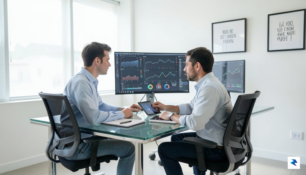 A modern, bright office workspace where a human professional is…