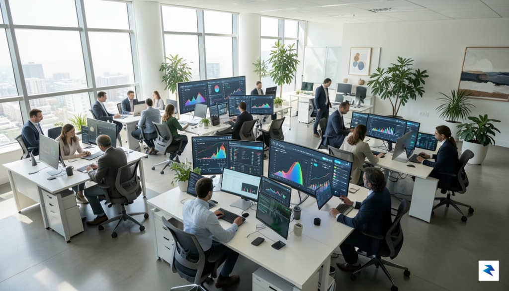 A high-angle, cinematic shot of a modern, bright office environment…