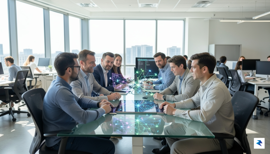 A diverse group of office professionals sitting in a bright,…