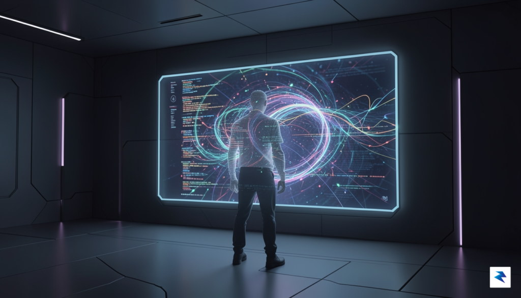 A conceptual illustration showing a human silhouette looking into a…