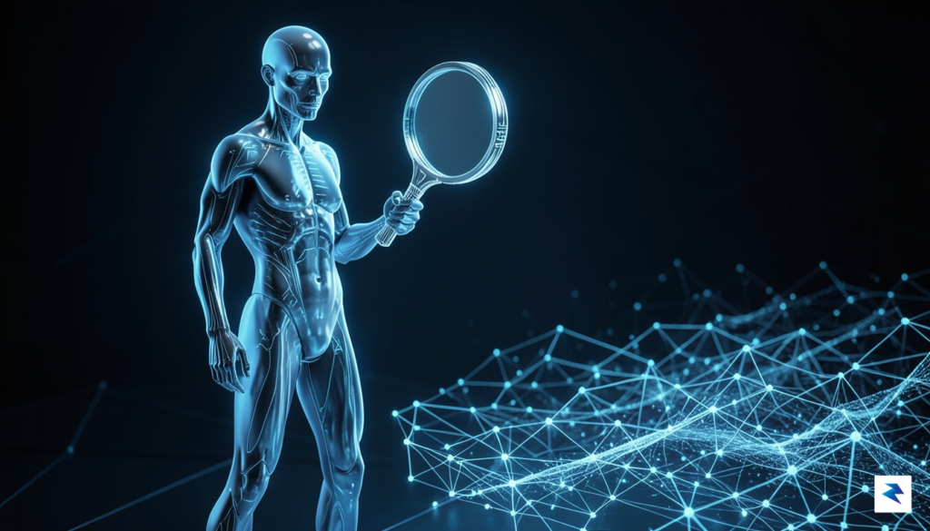 A conceptual illustration showing a digital human silhouette holding a…