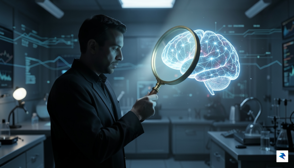 A conceptual illustration showing a human silhouette holding a magnifying…