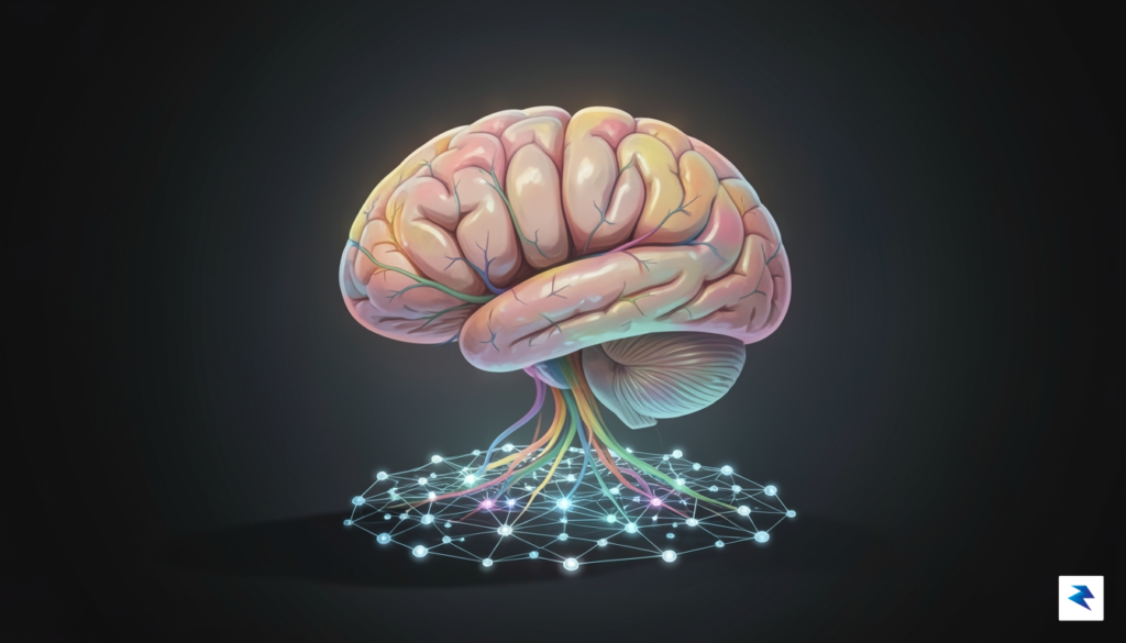 A digital illustration showing a human brain connected to a…