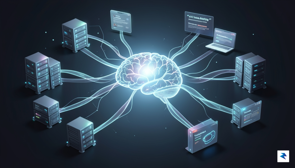 A conceptual digital illustration showing a glowing, interconnected network of&hellip;