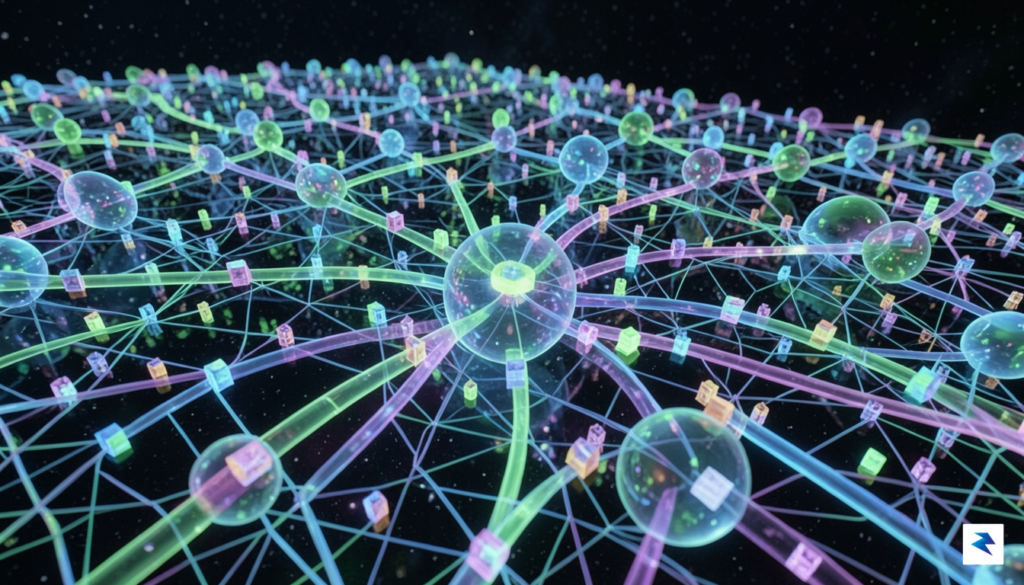 A conceptual 3D visualization of data packets flowing through a&hellip;