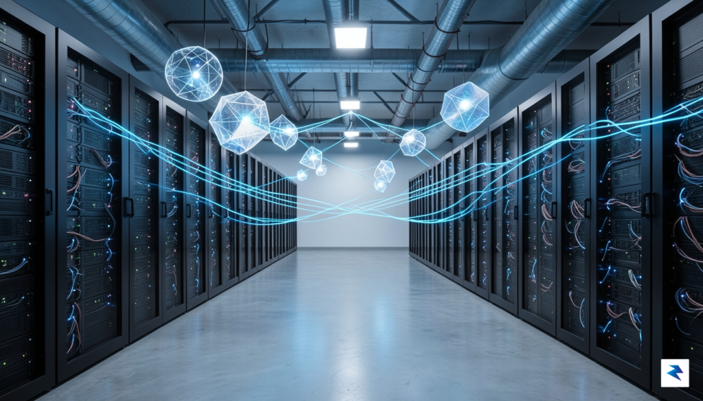 A modern, sleek data center interior with glowing blue fiber&hellip;
