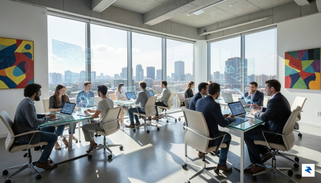 A modern, collaborative office space in Sydney featuring diverse professionals…