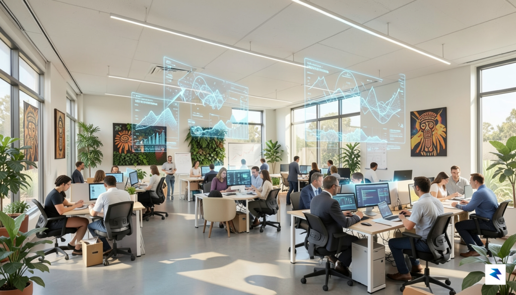 A modern, open-plan Australian corporate office with a vibrant, collaborative…