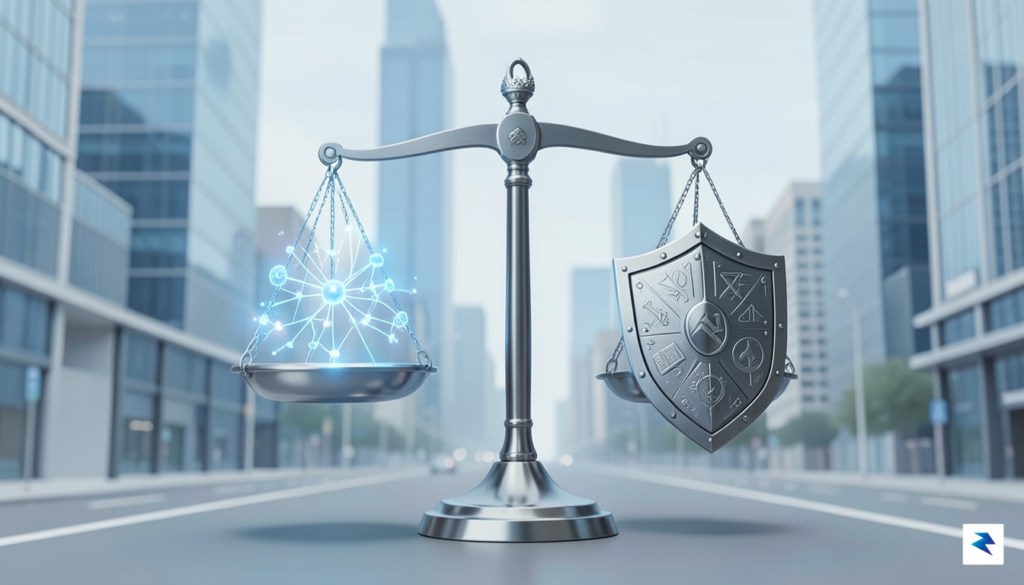 A conceptual digital illustration showing a balance scale with a&hellip;