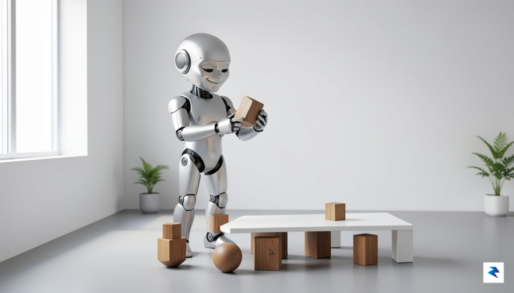 A conceptual illustration of a humanoid robot standing in a&hellip;
