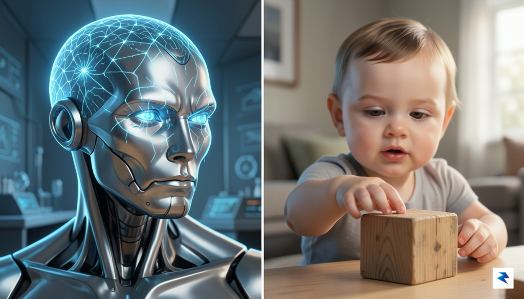 A split-screen illustration showing a glowing, neural-network-patterned robotic head on&hellip;