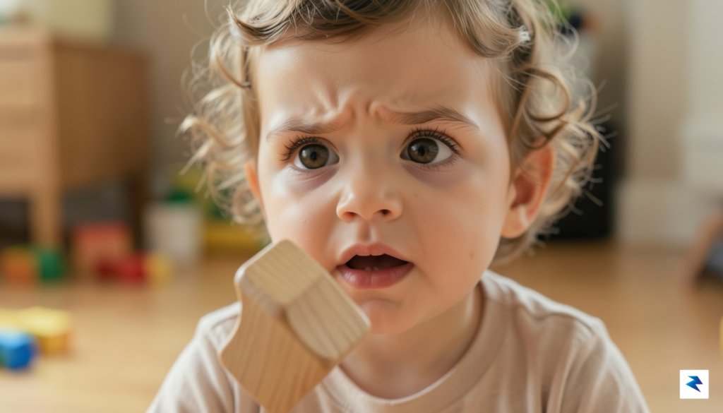 A close-up, high-detail photograph of a toddler observing a wooden&hellip;