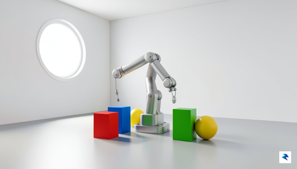 A 3D simulation of a robotic arm in a brightly&hellip;