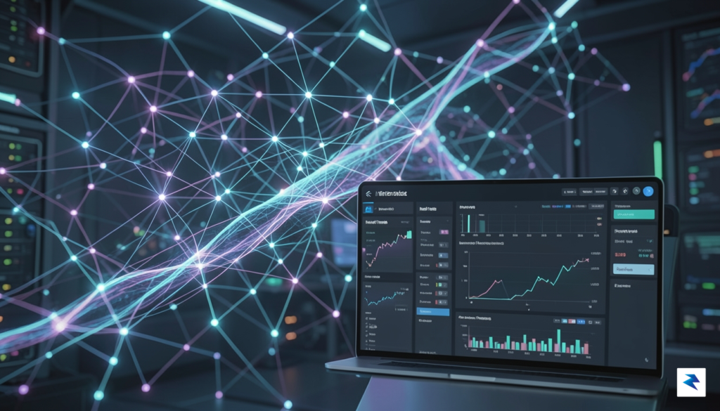 An abstract digital visualization of a glowing, complex data network&hellip;