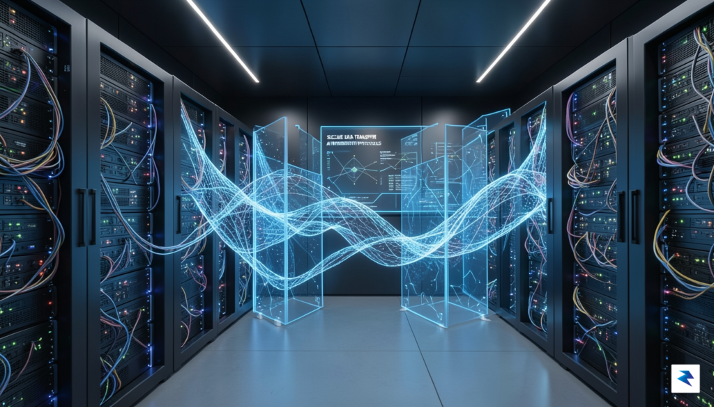 A modern, high-tech server room with glowing blue holographic data…