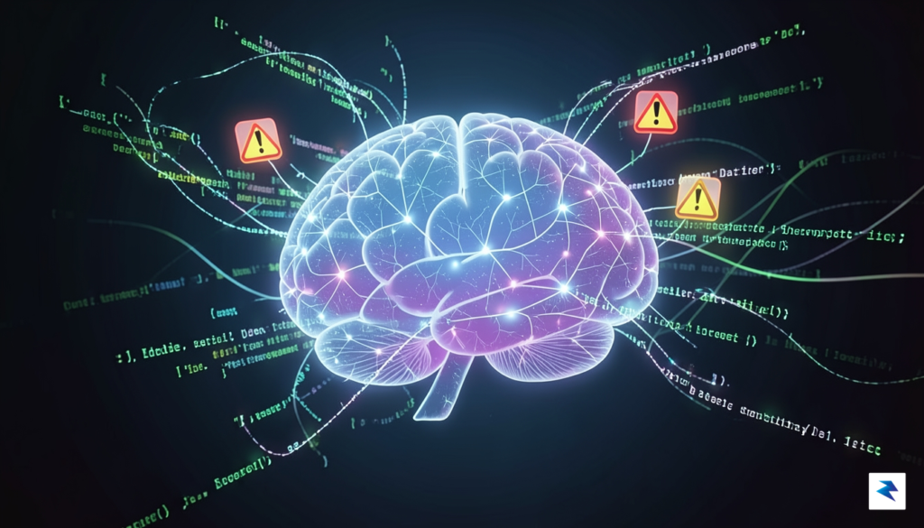 A conceptual digital illustration showing a glowing, translucent AI brain…