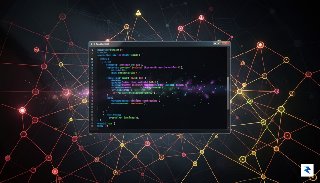 A conceptual digital visualization of a terminal window with glowing…