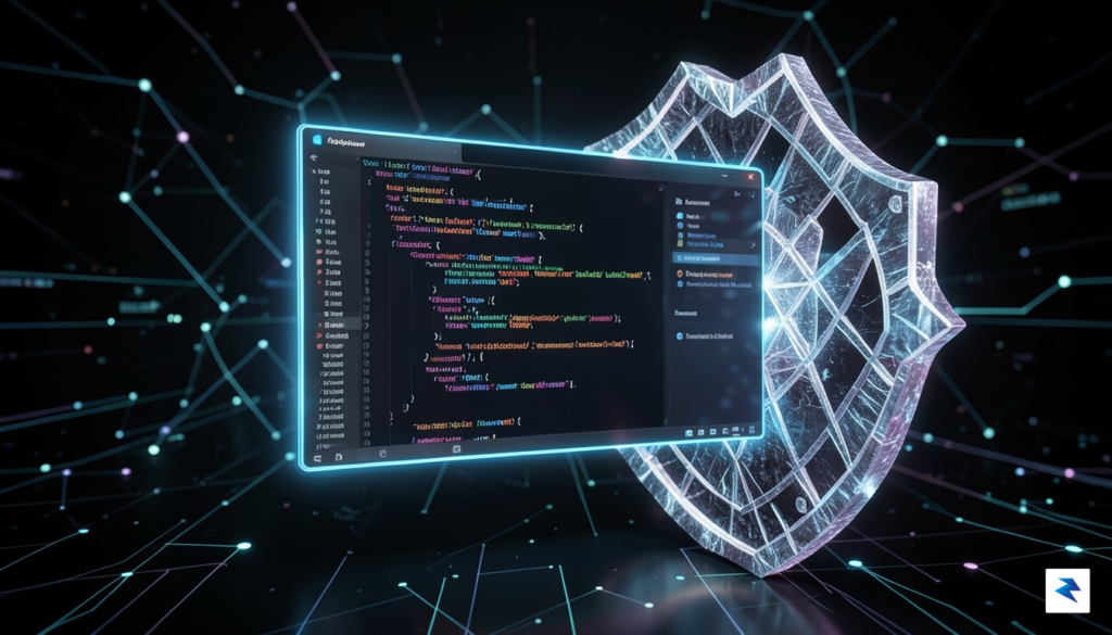 A conceptual digital illustration showing a futuristic, glowing code editor…