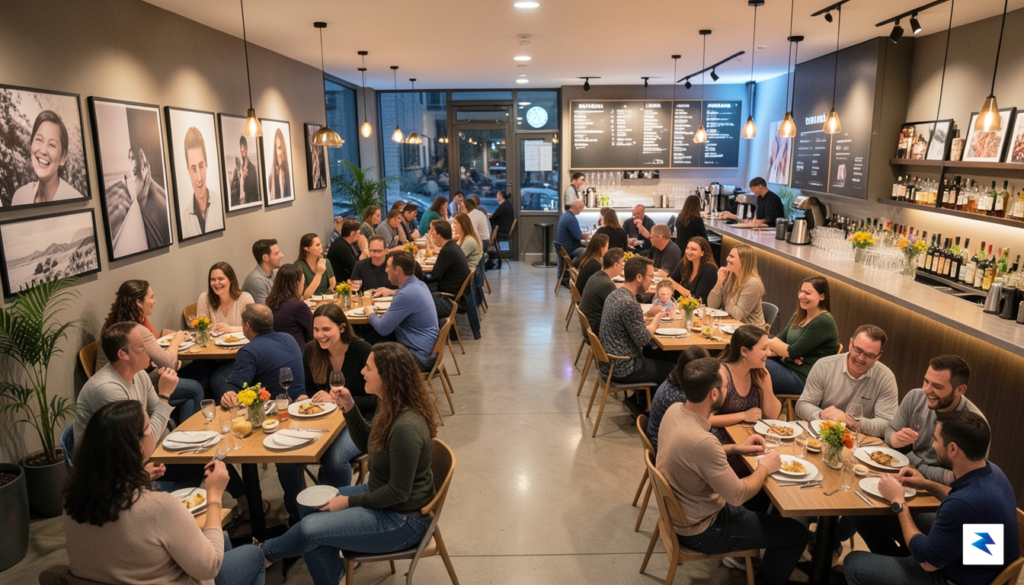 A vibrant, high-angle shot of a busy, modern urban restaurant&hellip;