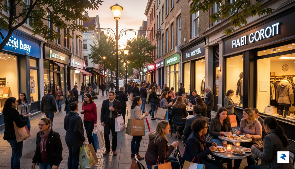 A vibrant, high-angle shot of a busy urban shopping district&hellip;