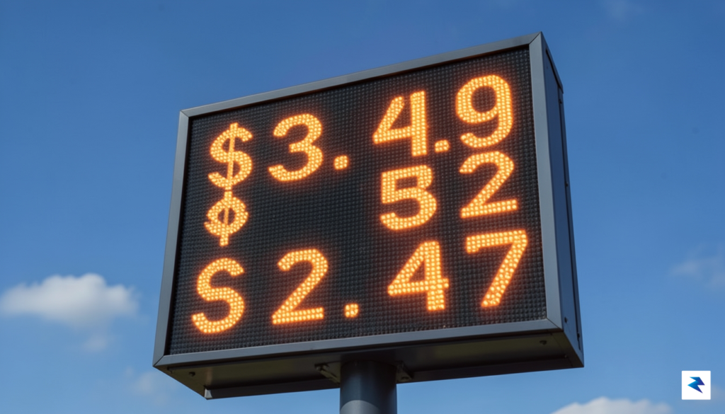 A close-up shot of a digital gas station price sign&hellip;