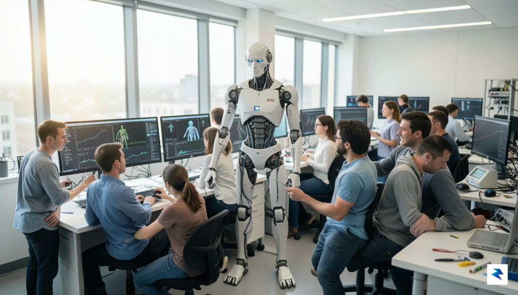 A diverse team of scientists and engineers collaboratively working on…