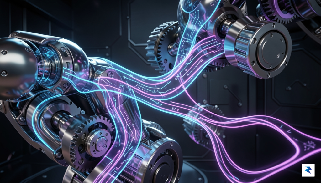 A stylized representation of interconnected digital circuits flowing into and…