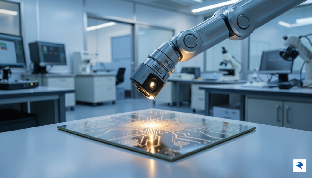 A sleek, high-tech laboratory environment showing a close-up of a…